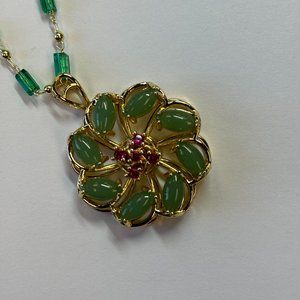 Gold Jade and Amethyst Rolling Peace and Fortune Wheel Pendant Necklace